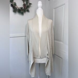 Eileen Fisher Silk Crochet Knit Drape Open Front Cream Cardigan Sweater